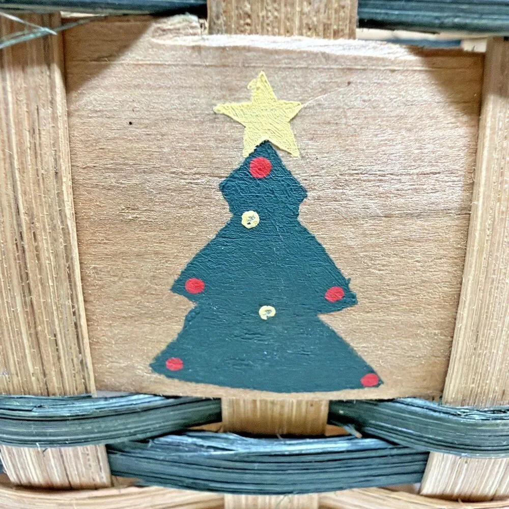 Vintage Hand-Woven Splint Wood Holiday Basket - Hand-Painted Christmas Trees